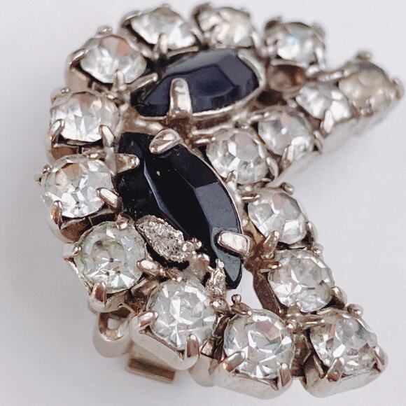 VTG Mid Century Clip On Earrings Rhinestone Crescent Silver Tone 1950s 1960s - Picture 3 of 12